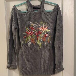 Blu Pepper Charcoal Off-Shoulder Sweater with Colorful Embroidery